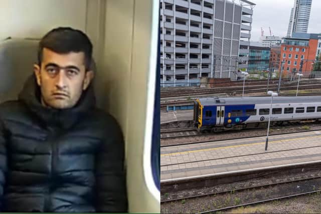 British Transport Police have released this CCTV image (left) after a man masturbated on a train from Leeds to Huddersfield (Photo by BTP/National World)