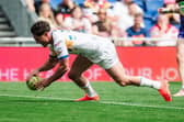 Leeds Rhinos' Brodie Croft, seen scoring at Magic Weekend against Bradford Bulls, is now on 20 tries for the season following a hat-trick against Catalans Dragons. Picture by Alex Whitehead/SWpix.com.