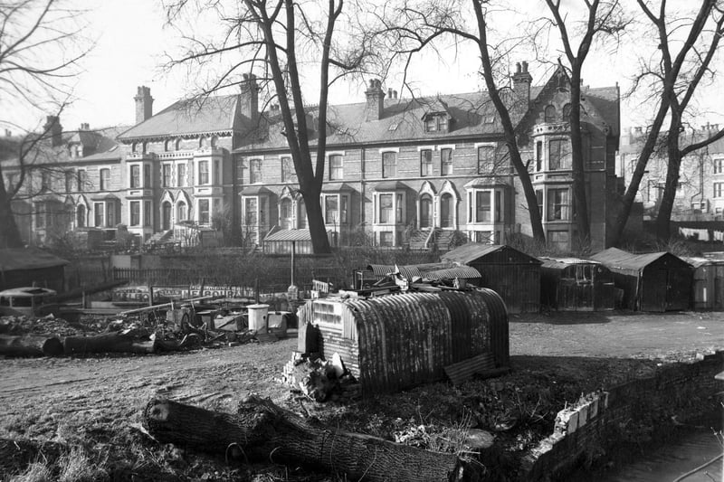 A view looking west from Streamside over Meanwood Beck to Brookfield Terrace in February 1951.