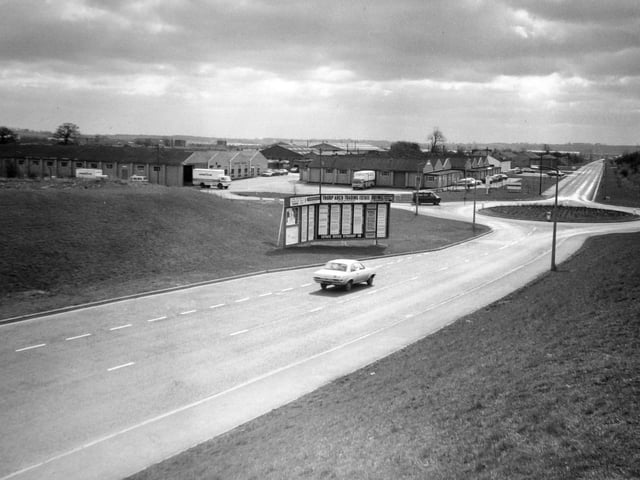 The main entrance to the Thorp Arch Trading Estate. with the Goodyear Complex on the left.