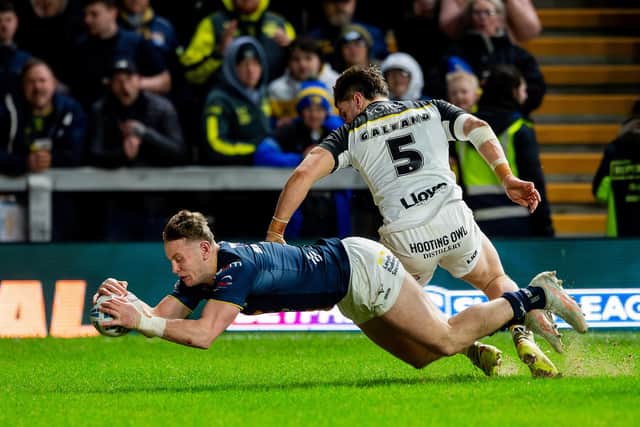 Harry Newman, seen scoring for Leeds Rhinos against York Knights, has joined Hull FC on a one-week loan. Picture by Allan McKenzie/SWpix.com.