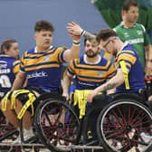 Tom Halliwell, left, with teammate Josh Butler during Leeds Rhinos' Wheelchair Super League semi-final defeat of Wigan Warriors. Picture by John Victor.