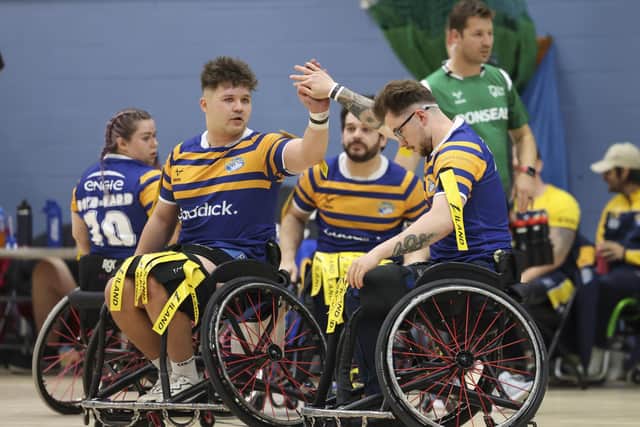 Tom Halliwell, left, with teammate Josh Butler during Leeds Rhinos' Wheelchair Super League semi-final defeat of Wigan Warriors. Picture by John Victor.