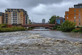 High water levels on the River Aire in Leeds as Storm Babet hits