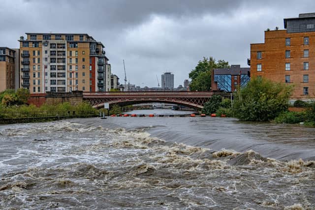 High water levels on the River Aire in Leeds as Storm Babet hits
