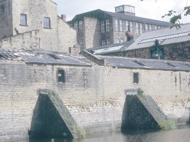 One of the former mill dams at the Japa Factory which moved into Laneside Mills in 1936. Laneside Mills was originally a textile mill started by George Crowther in 1829 and expanded by Sir Charles Scarth in the late nineteenth century. Japa is an acronym for Just Another Paper Article.