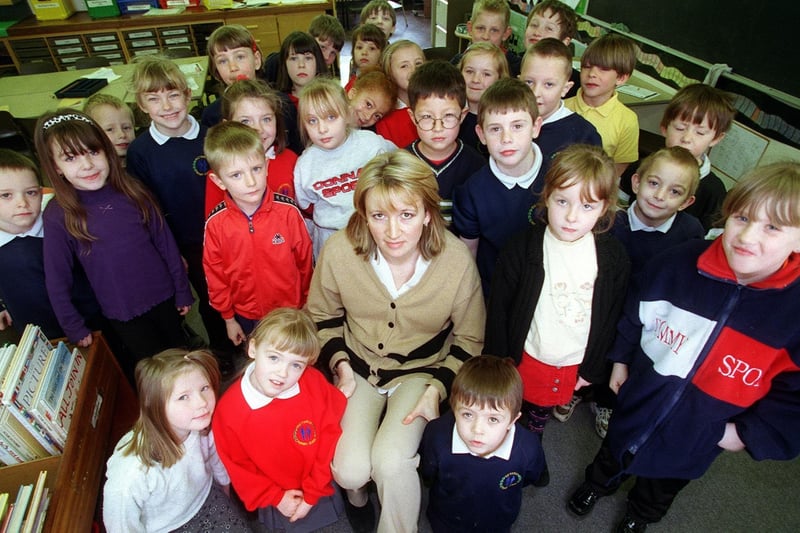 Year 2 pupils from Victoria Primary School with their teacher Julia Craven in March 1999.