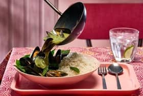 Fragrant Thai Green Curry Mussels With Rice.