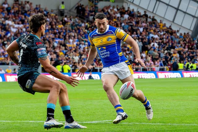 Jake Connor kicks through during Leeds Rhinos' 48-30 win against Leigh Leopards last week.Picture by Allan McKenzie/SWpix.com.