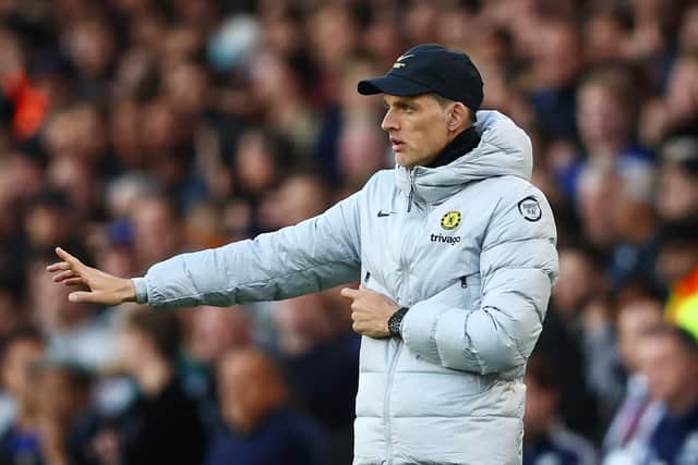 LEEDS, ENGLAND - MAY 11: Thomas Tuchel, Manager of Chelsea gestures during the Premier League match between Leeds United and Chelsea at Elland Road on May 11, 2022 in Leeds, England. (Photo by Clive Brunskill/Getty Images)