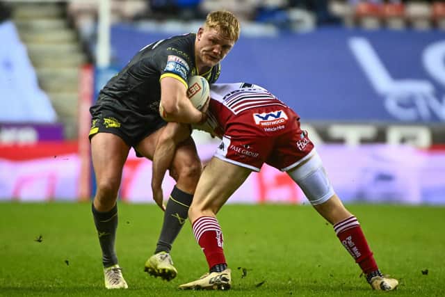 James McDonnell - seen in action during ast Friday's defeat at Wigan Warriors - is one of four other senior players confirmed to be leaving Rhinos at the end of this season. Picture by Olly Hassell/SWpix.com.