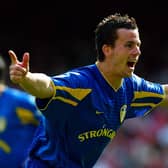 LONDON - MAY 4:  Ian Harte of Leeds United celebrates scoring the second goal during the FA Barclaycard Premiership match between Arsenal and Leeds United held on May 4, 2003 at Highbury, in London. Leeds United won the match 3-2. (Photo by Ben Radford/Getty Images)