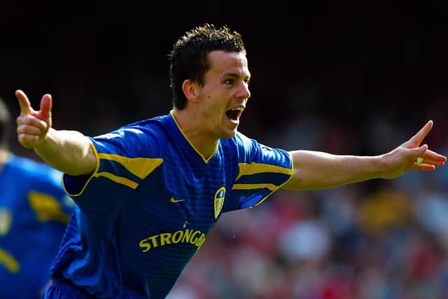 LONDON - MAY 4:  Ian Harte of Leeds United celebrates scoring the second goal during the FA Barclaycard Premiership match between Arsenal and Leeds United held on May 4, 2003 at Highbury, in London. Leeds United won the match 3-2. (Photo by Ben Radford/Getty Images)
