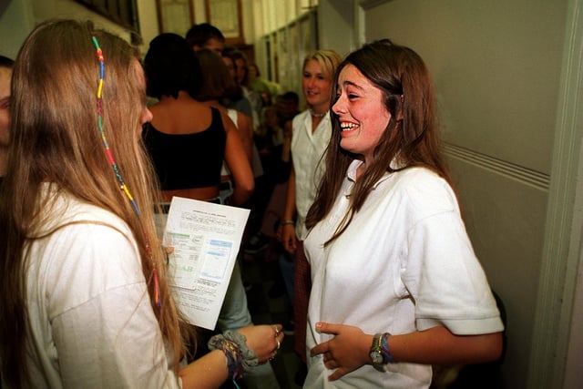 Bingley Grammar student Kelly Wadsworth (right) is all smiles after receiving her results in August 1996.