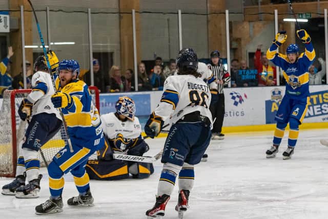 TOP OF THE WORLD: Leeds Knights clebrate a goal during their NIHL National clash against Raiders IHC at Elland Road Ice Arena on Sunday evening Picture courtesy of Oliver Portamento