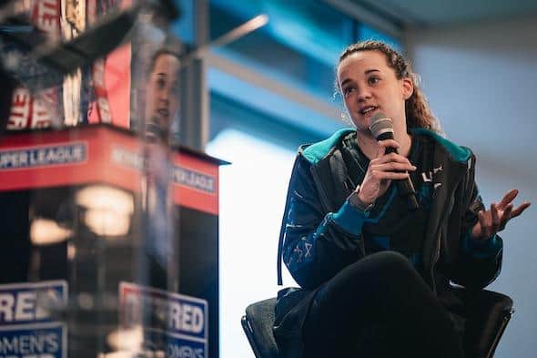 Rhinos coach Lois Forsell speaks at the Betfred Women's Super League launch at Headingley. Picture by Alex Whitehead/SWpix.com.
