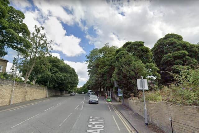 A brick was thrown through the window of an unmarked police car in Bolton Road, Bradford. Picture: Google