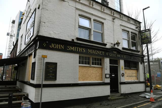 Police are investigating after an attempted robbery and arson of The Grove Inn pub on Back Row in Holbeck. Picture: Jonathan Gawthorpe