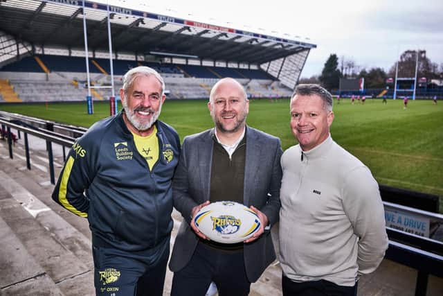 Leeds Rhinos Sporting Director Ian Blease, Mark Allan, General Manager for Bupa Dental Care and Leeds Rhinos Managing Director Rob Oates celebrate the new partnership between the two organisations.