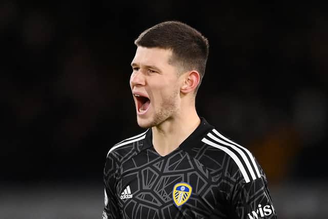LEEDS, ENGLAND - JANUARY 04: Illan Meslier of Leeds United celebrates after teammate Wilfried Gnonto (not pictured) scores the team's first goal during the Premier League match between Leeds United and West Ham United at Elland Road on January 04, 2023 in Leeds, England. (Photo by Stu Forster/Getty Images)