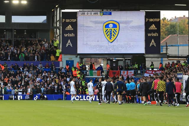 PLAY STOPPED: At Elland Road as Leeds United and Arsenal head back to the dressing rooms. Photo by LINDSEY PARNABY/AFP via Getty Images.