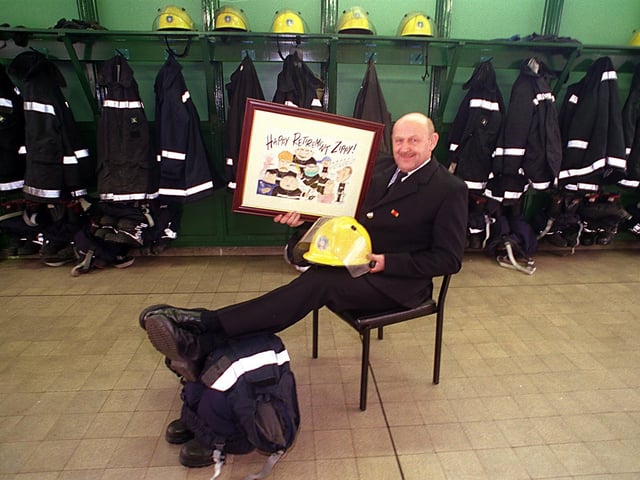 Meet 'Zippy' - Andrew Ainslie who was signing off after 25 years service with West Yorkshire Fire Service as a firefighter at Morley Fire Station in April 1998.