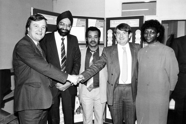 Kenneth Clarke, Minister for Employment, meets local residents at the newly established Chapeltown Job Centre in October 1986.