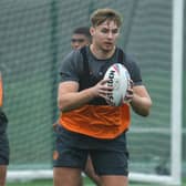 Kieran Hudson (with ball) in training before his injury. Picture by Castleford Tigers.