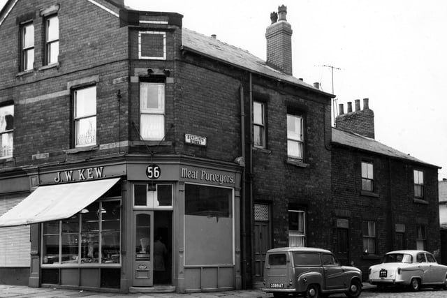 J. K. Kew's Meat Purveyors on the junction of Beeston Road with Sutcliffe Street in July 1964.