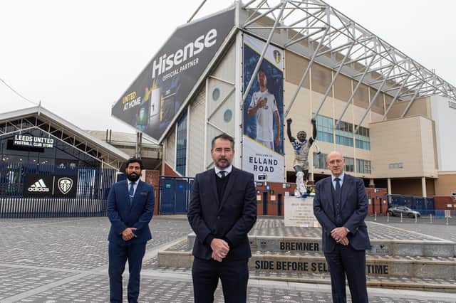Hisense head of marketing Arun Bhatoye, Leeds United Executive Director Paul Bell and Hisense UK's Vice President Howard Grindrod