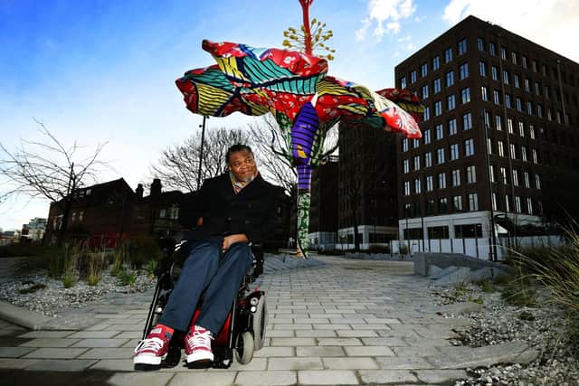Hibiscus Rising, a new sculpture by international artist Yinka Shonibare unveiled in Leeds, as part of LEEDS 2023, Year of Culture. Co-commissioned by The David Oluwale Memorial Association. Photo: Jonathan Gawthorpe