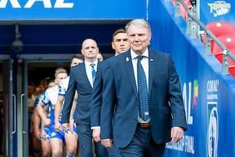 Gary Hetherington leads Rhinos out at Wemnley in 2020. Picture by Allan McKenzie/SWpix.com.