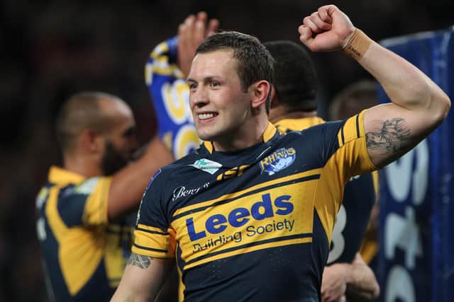 Shaun Lunt celebrates Leeds Rhinos' victory against Warrington Wolves in the 2012 Super League Grand Final. Picture by Mark Green//SWpix.com.