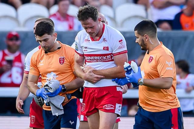 Hull KR winger Joe Burgess is expected to miss Friday's game at Leeds Rhinos after suffering a shoulder injury during last week's win against Leigh Leopards. Picture by Allan McKenzie/SWpix.com.