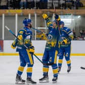 LEADING ROLE: Veteran centre Matt Haywood celebrates  his second goal during Friday night's 6-1 win over NIHL National rivals Milton Keynes Lightning. Picture: Bruce Rollinson.