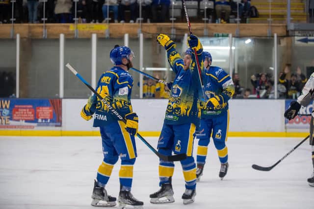LEADING ROLE: Veteran centre Matt Haywood celebrates  his second goal during Friday night's 6-1 win over NIHL National rivals Milton Keynes Lightning. Picture: Bruce Rollinson.