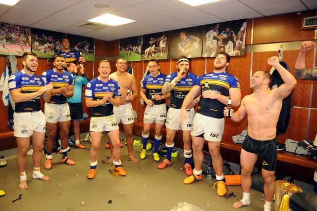 Rob Burrow and his teammates sing in the dressing room at Old Trafford after the Grand Final in 2015.