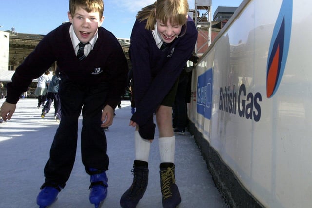 Pupils at  Mount St Marys RC High, test their skills with a first go on the ice. The school won a competition sponsored by British Gas for tickets to go skating at the rink in Millenium Square, on February 27, 2001.