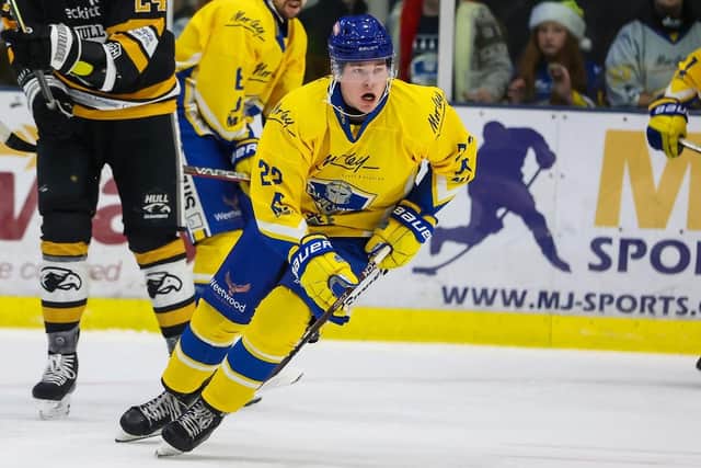 OPENING SALVO: Innes Gallacher got his first goal for Leeds on home ice against Bristol Pitbulls. Picture: Stephen Cunningham/Knights Media