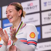 Katy Marchant (Great Britain) receiving the bronze medal in the keirin at the 2024 European Championships (Picture: Alex Whitehead/SWpix.com)