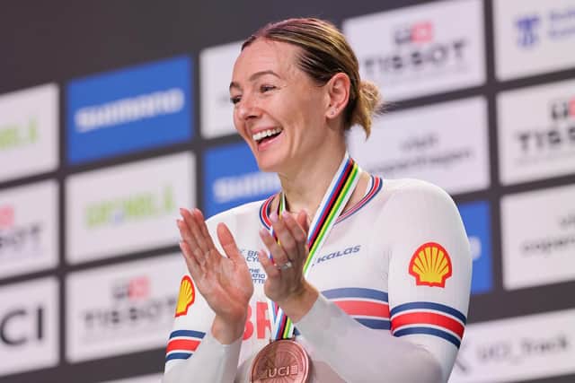 Katy Marchant (Great Britain) receiving the bronze medal in the keirin at the 2024 European Championships (Picture: Alex Whitehead/SWpix.com)