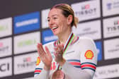 Katy Marchant (Great Britain) receiving the bronze medal in the keirin at the 2024 European Championships (Picture: Alex Whitehead/SWpix.com)
