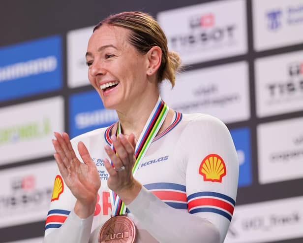 Katy Marchant (Great Britain) receiving the bronze medal in the keirin at the 2024 European Championships (Picture: Alex Whitehead/SWpix.com)