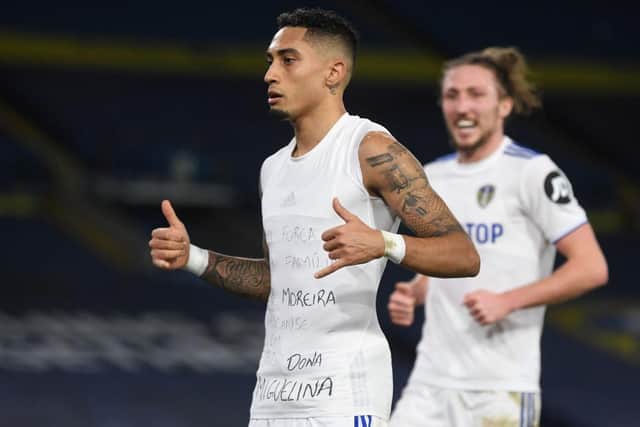 Leeds United star Raphinha celebrates his fifth goal of the season against Southampton. (Photo by Gareth Copley/Getty Images)