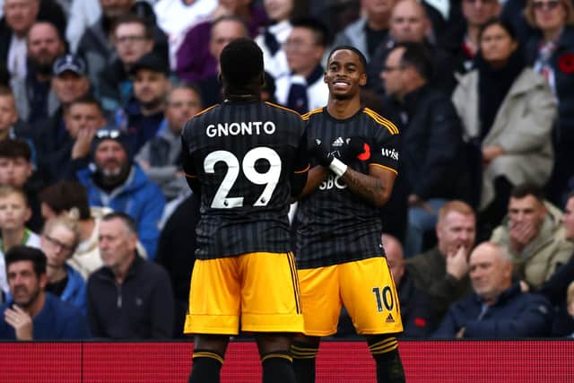 LONDON, ENGLAND - NOVEMBER 12: Crysencio Summerville of Leeds United celebrates after scoring their team's first goal during the Premier League match between Tottenham Hotspur and Leeds United at Tottenham Hotspur Stadium on November 12, 2022 in London, England. (Photo by Paul Harding/Getty Images)