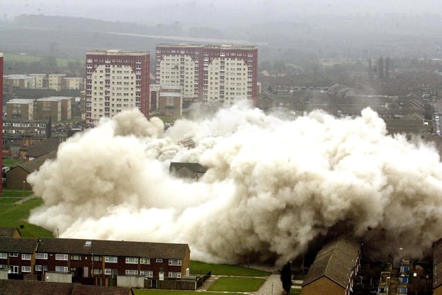 Controlled demolition of two blocks of flats in the Swarcliffe area of Leeds on Saturday, March 24, 2001.