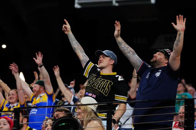 Leeds Rhinos fans celebrate during the 58-6 thrashing of Hull KR at Picture by Alex Whitehead/SWpix.com - 28/02/2026 - Rugby League - Betfred Super League Round 3 - Hull KR v Leeds Rhinos - Allegiant Stadium, Las Vegas, USA -