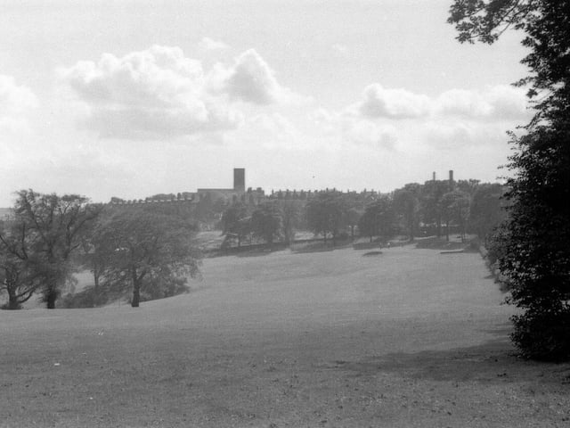 An undated view across one of the fairways on the golf course at Gott's Park looking towards Stanningley Road.