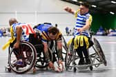 Josh Butler scores for Leeds Rhinos in their Betfred Wheelchair Challenge Cup final defeat by Halifax Panthers at Robin Park Arena in Wigan. Picture by Olly Hassell/SWpix.com.