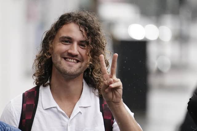 Just Stop Oil protester Jacob Bourne, 27, from Hyde Park in Leeds, as he arrives at Westminster Magistrates' Court (Photo by Jordan Pettitt/PA Wire)